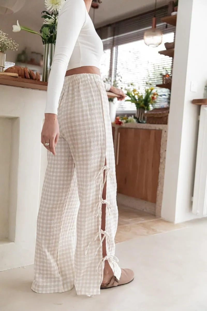 Women Y2k Plaid Print Long Pants Side Tie Bow Wide Leg Pants High Waist Gingham Trousers Lounge Pants