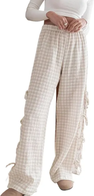 Women Y2k Plaid Print Long Pants Side Tie Bow Wide Leg Pants High Waist Gingham Trousers Lounge Pants