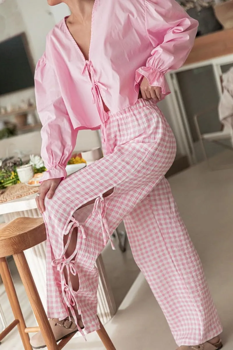 Women Y2k Plaid Print Long Pants Side Tie Bow Wide Leg Pants High Waist Gingham Trousers Lounge Pants