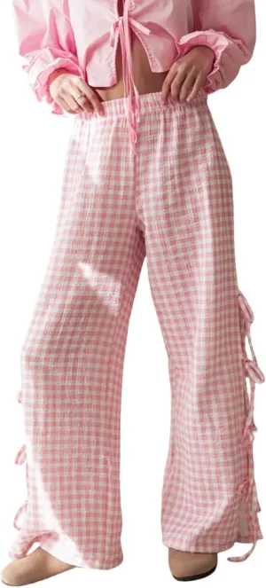 Women Y2k Plaid Print Long Pants Side Tie Bow Wide Leg Pants High Waist Gingham Trousers Lounge Pants