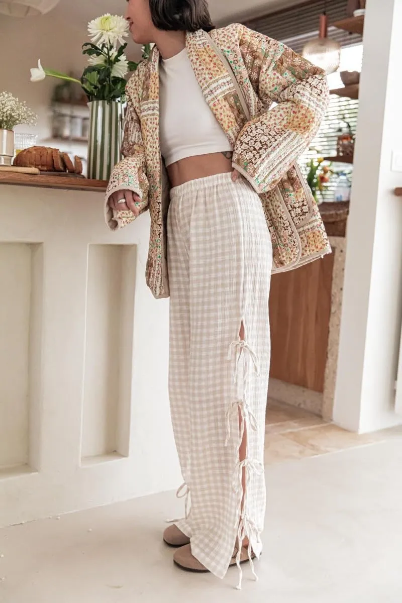 Women Y2k Plaid Print Long Pants Side Tie Bow Wide Leg Pants High Waist Gingham Trousers Lounge Pants
