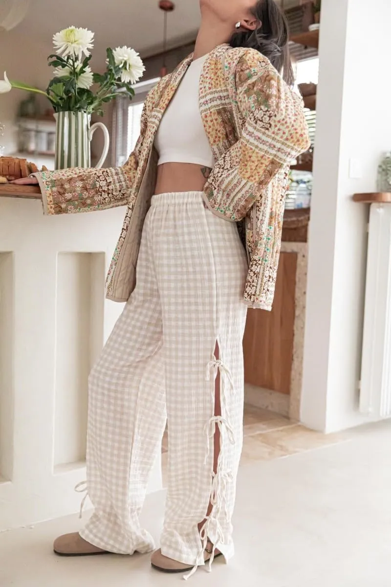 Women Y2k Plaid Print Long Pants Side Tie Bow Wide Leg Pants High Waist Gingham Trousers Lounge Pants