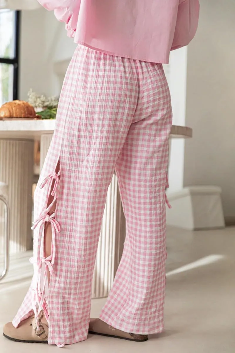 Women Y2k Plaid Print Long Pants Side Tie Bow Wide Leg Pants High Waist Gingham Trousers Lounge Pants
