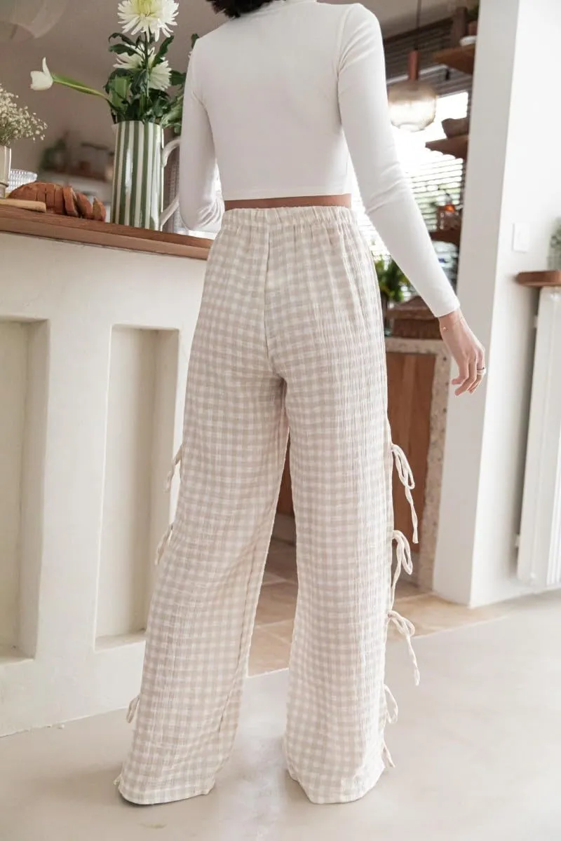 Women Y2k Plaid Print Long Pants Side Tie Bow Wide Leg Pants High Waist Gingham Trousers Lounge Pants