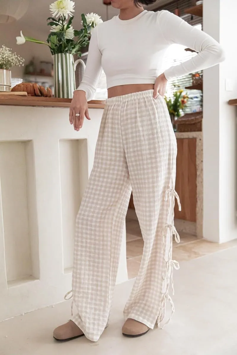 Women Y2k Plaid Print Long Pants Side Tie Bow Wide Leg Pants High Waist Gingham Trousers Lounge Pants
