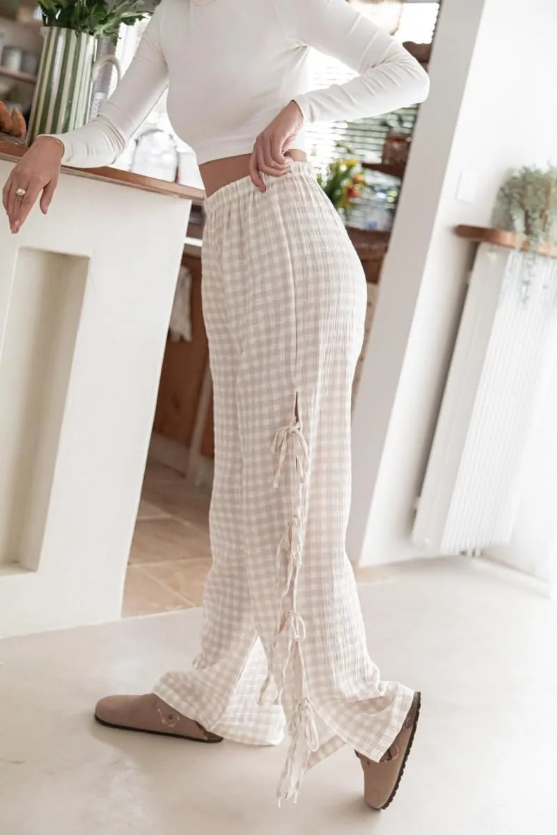 Women Y2k Plaid Print Long Pants Side Tie Bow Wide Leg Pants High Waist Gingham Trousers Lounge Pants