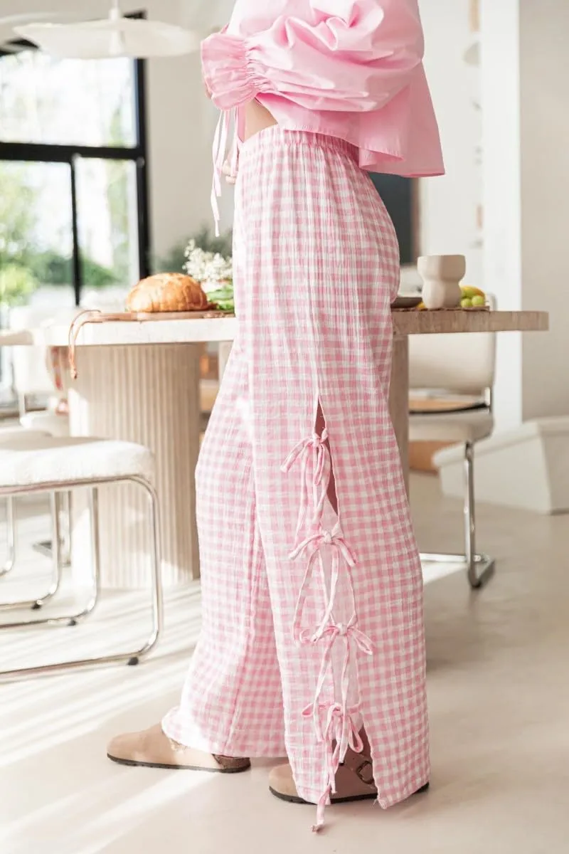 Women Y2k Plaid Print Long Pants Side Tie Bow Wide Leg Pants High Waist Gingham Trousers Lounge Pants