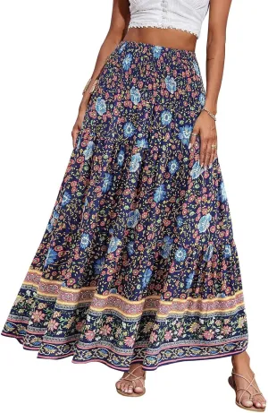 Women's 2025 Summer Bohemian Floral Printed Stretch Waist Tiered Pleated Swing Maxi Skirt with Pockets, S-2XL