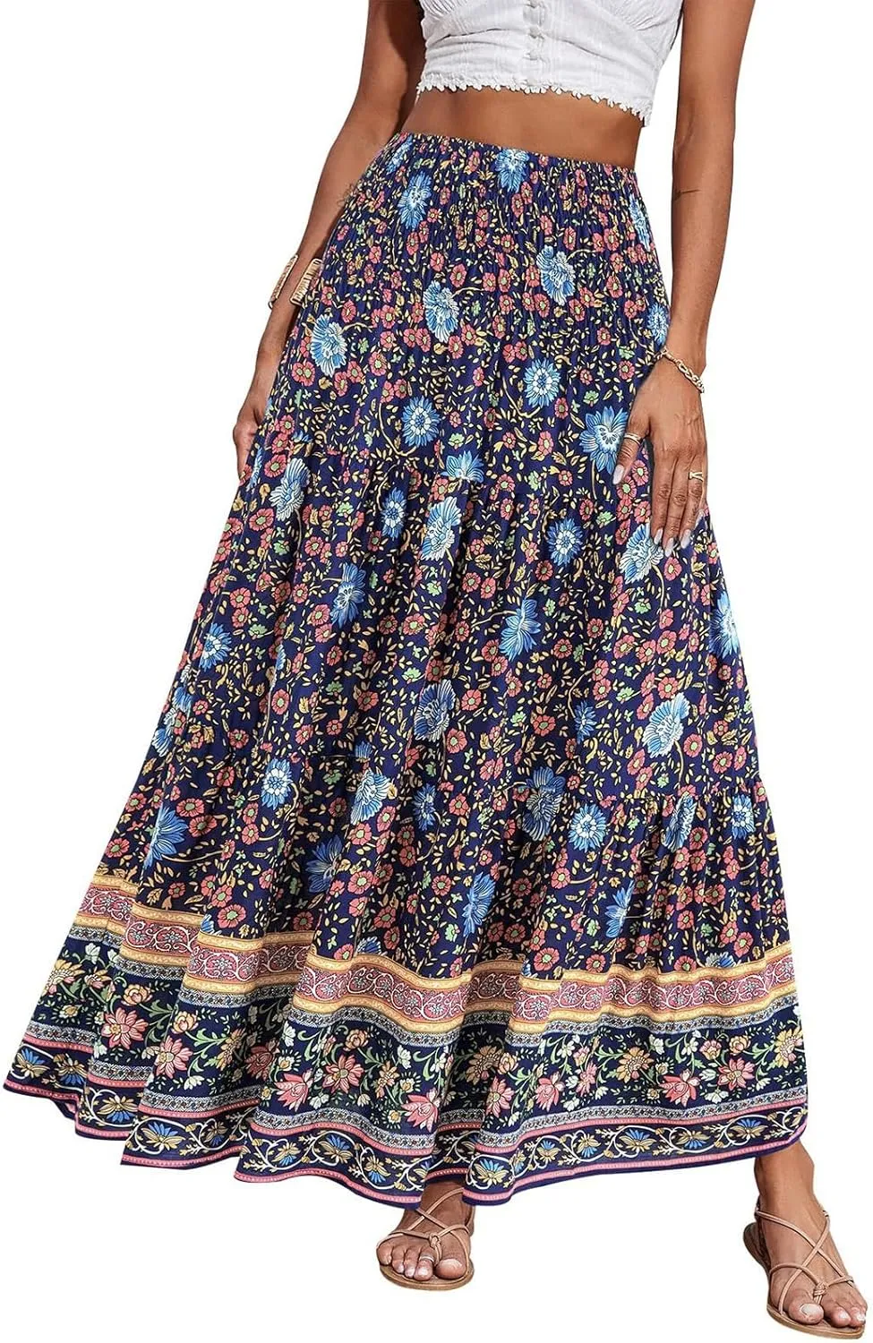 Women's 2025 Summer Bohemian Floral Printed Stretch Waist Tiered Pleated Swing Maxi Skirt with Pockets, S-2XL