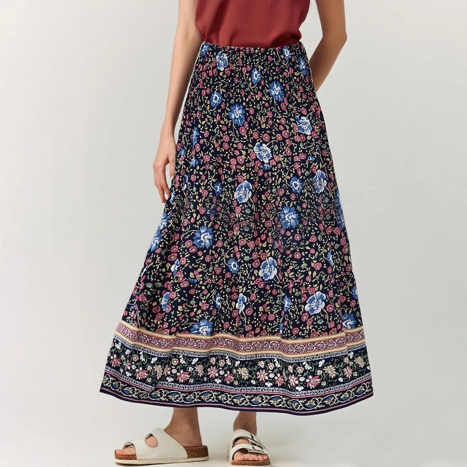 Women's 2025 Summer Bohemian Floral Printed Stretch Waist Tiered Pleated Swing Maxi Skirt with Pockets, S-2XL