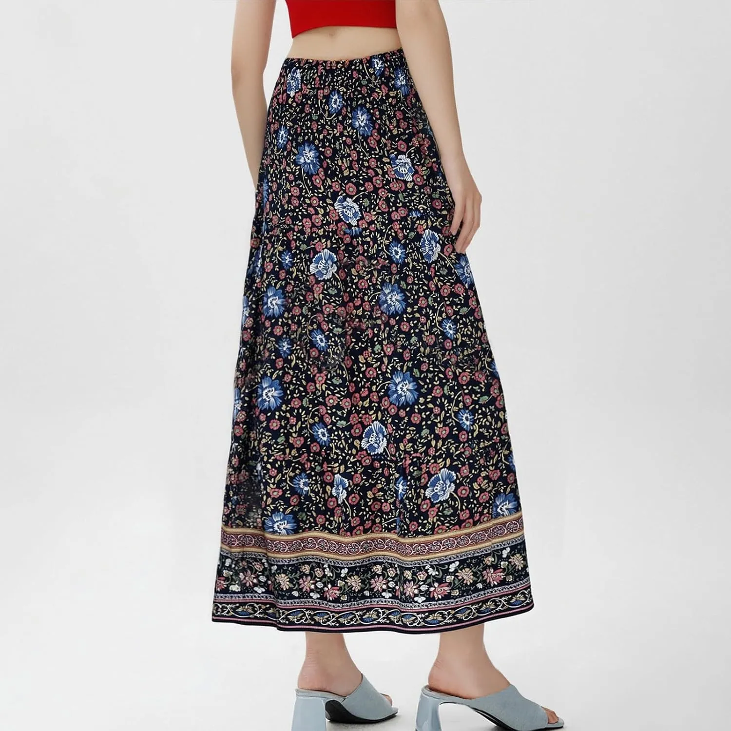 Women's 2025 Summer Bohemian Floral Printed Stretch Waist Tiered Pleated Swing Maxi Skirt with Pockets, S-2XL