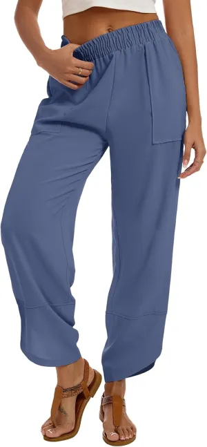Womens Baggy Wide Leg Pants Casual Elastic Waisted Lounge Pants Palazzo Harem Pants Trousers with Pockets