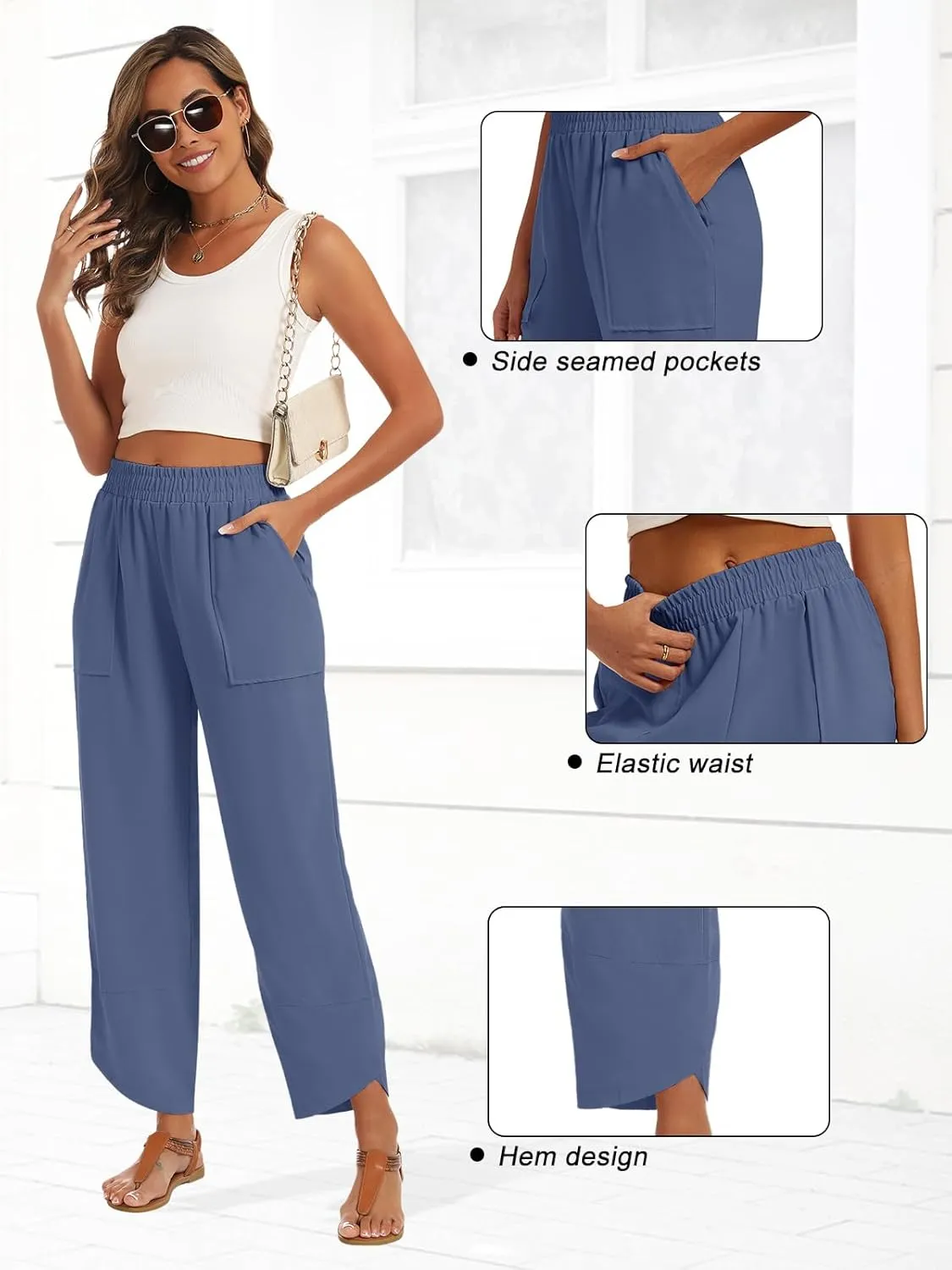 Womens Baggy Wide Leg Pants Casual Elastic Waisted Lounge Pants Palazzo Harem Pants Trousers with Pockets