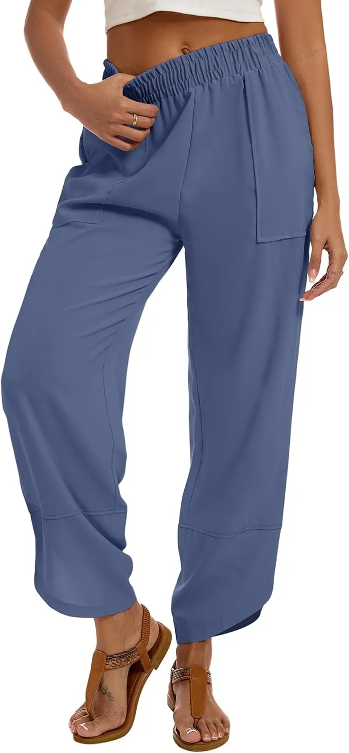 Womens Baggy Wide Leg Pants Casual Elastic Waisted Lounge Pants Palazzo Harem Pants Trousers with Pockets