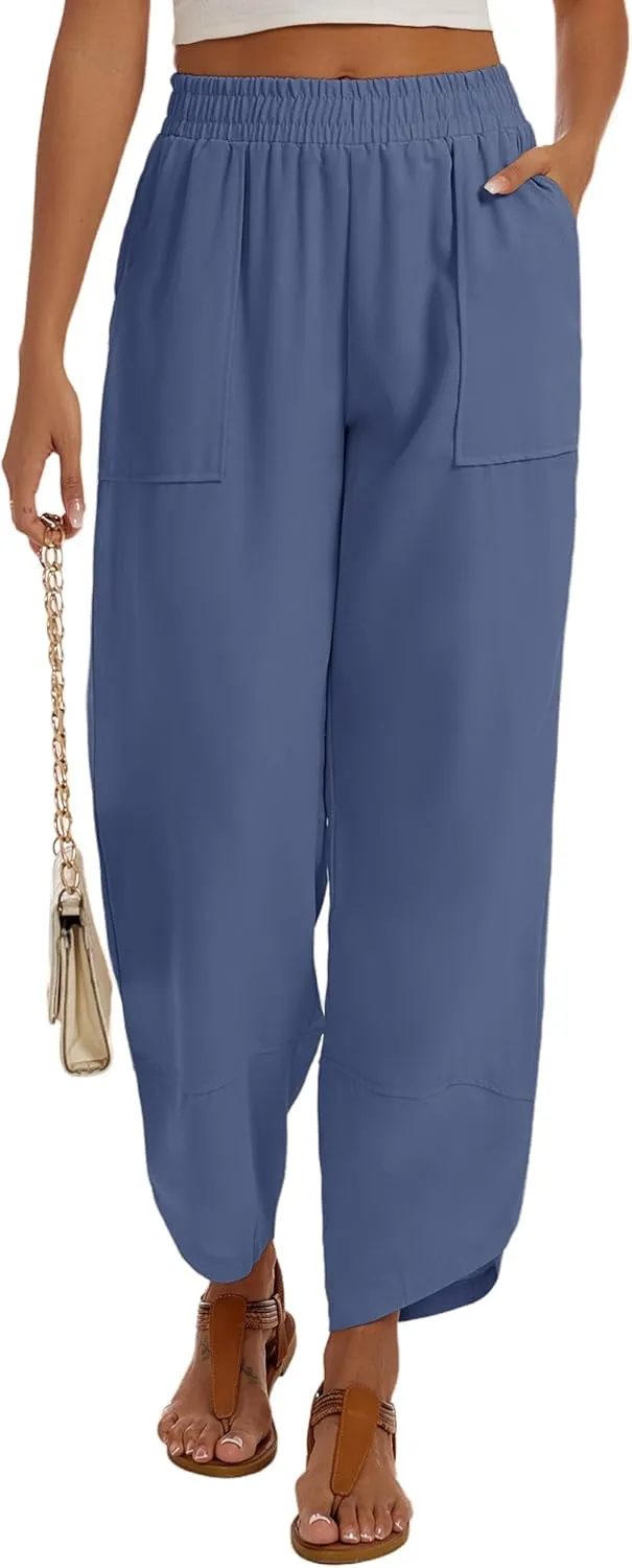 Womens Baggy Wide Leg Pants Casual Elastic Waisted Lounge Pants Palazzo Harem Pants Trousers with Pockets