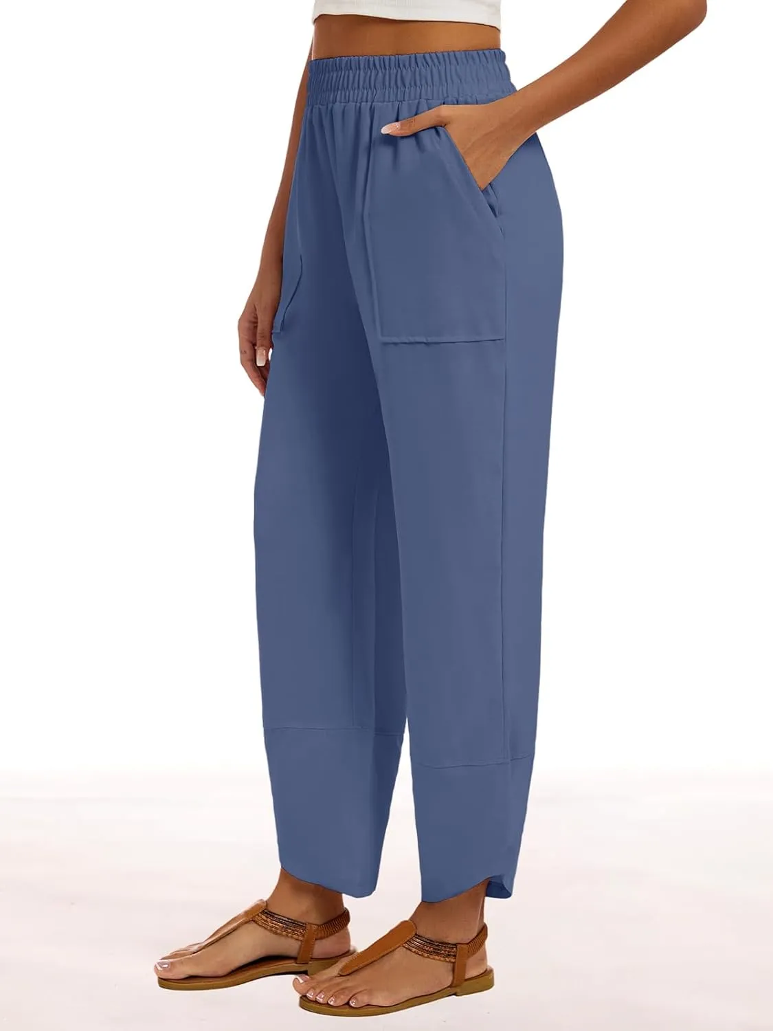 Womens Baggy Wide Leg Pants Casual Elastic Waisted Lounge Pants Palazzo Harem Pants Trousers with Pockets