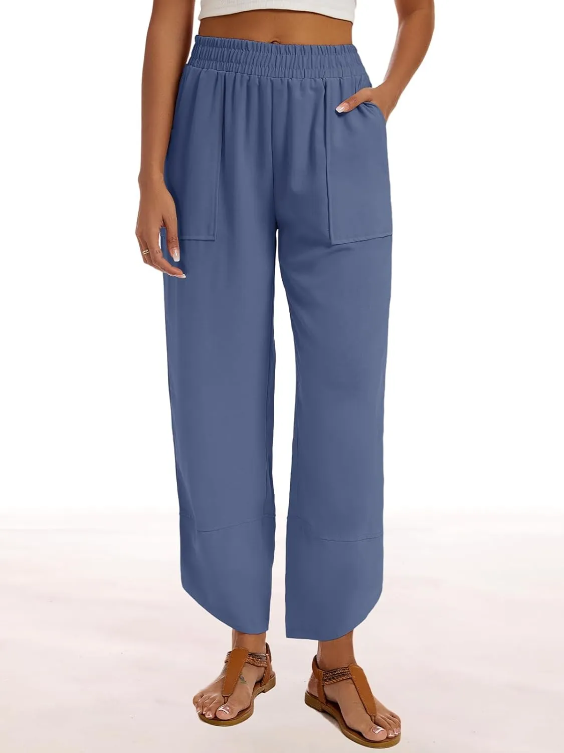 Womens Baggy Wide Leg Pants Casual Elastic Waisted Lounge Pants Palazzo Harem Pants Trousers with Pockets