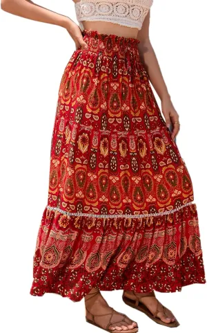 Women's Bohemian Floral Print Summer Flowy Printed Elastic Waist Pleated Maxi Skirts