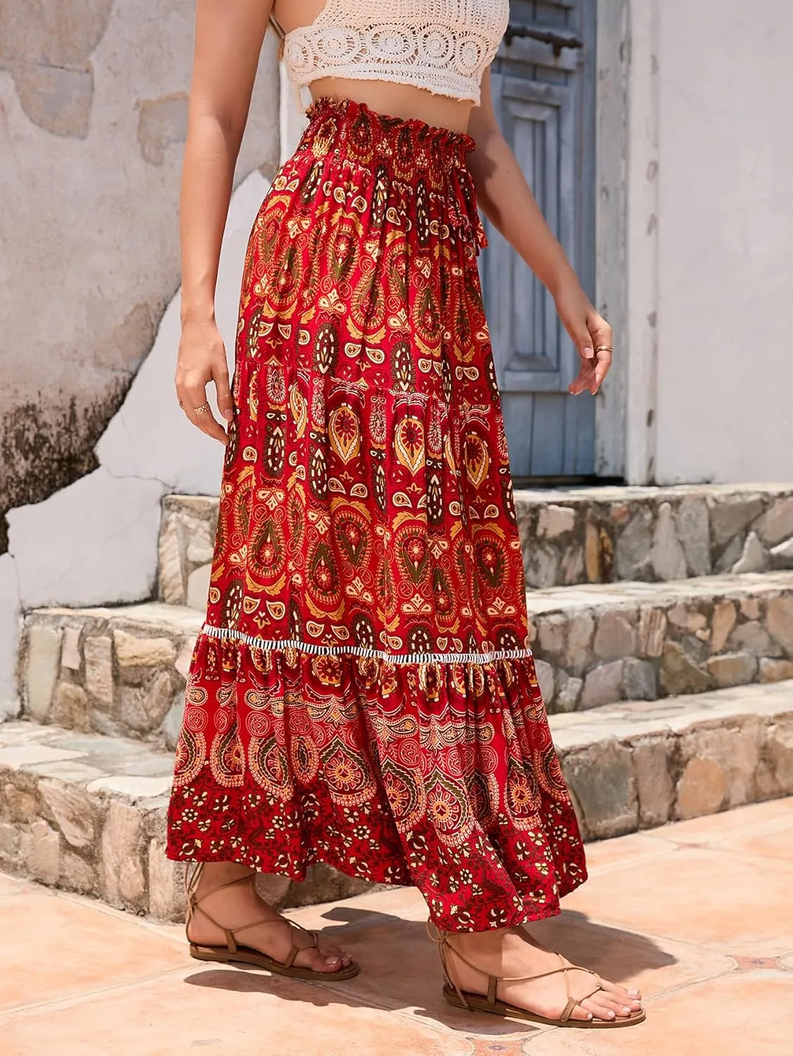 Women's Bohemian Floral Print Summer Flowy Printed Elastic Waist Pleated Maxi Skirts