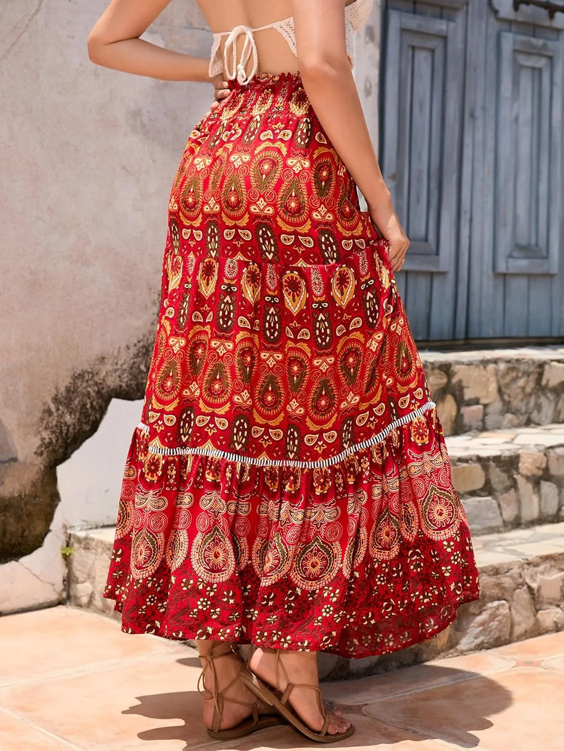 Women's Bohemian Floral Print Summer Flowy Printed Elastic Waist Pleated Maxi Skirts