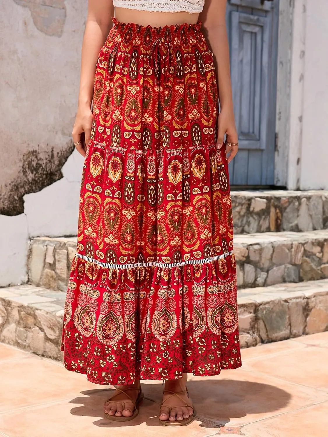 Women's Bohemian Floral Print Summer Flowy Printed Elastic Waist Pleated Maxi Skirts