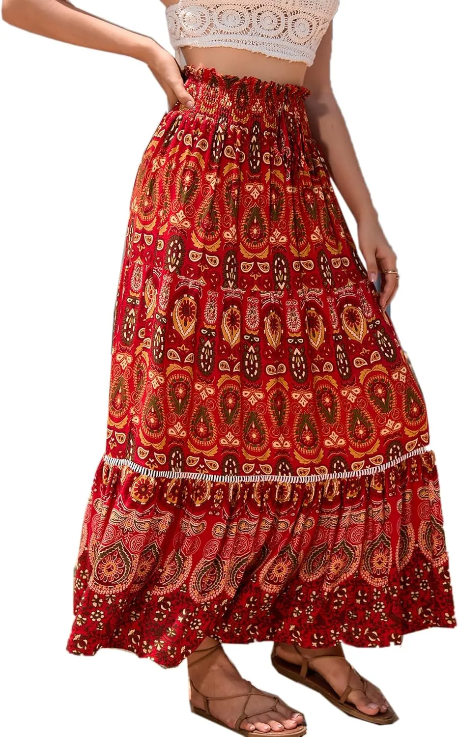 Women's Bohemian Floral Print Summer Flowy Printed Elastic Waist Pleated Maxi Skirts