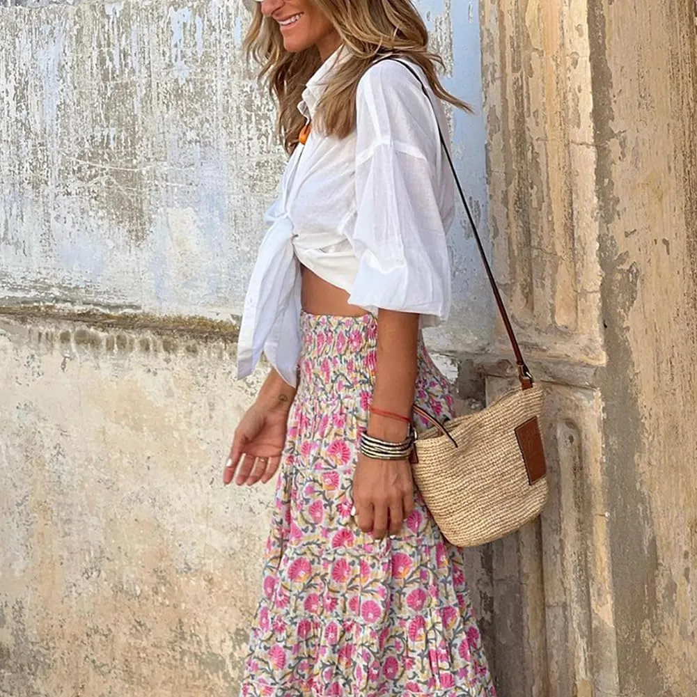 Women's Bohemian Floral Printed Long Skirt Beach Vacation Casual Printed Half Length Skirt