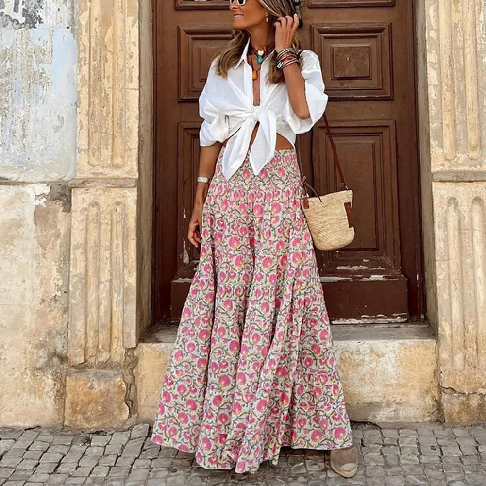 Women's Bohemian Floral Printed Long Skirt Beach Vacation Casual Printed Half Length Skirt