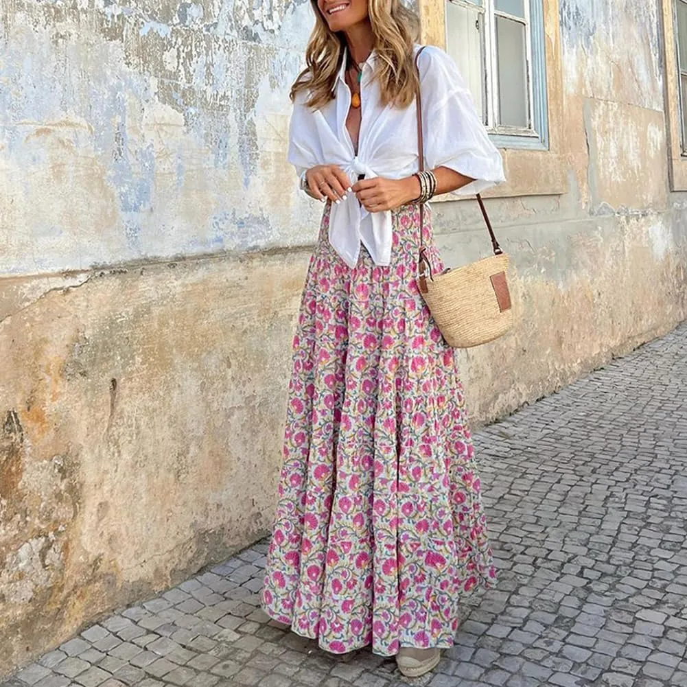 Women's Bohemian Floral Printed Long Skirt Beach Vacation Casual Printed Half Length Skirt