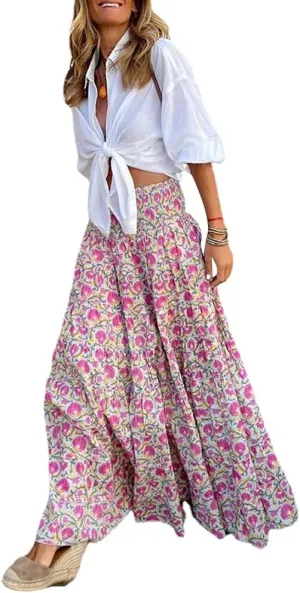 Women's Bohemian Floral Printed Long Skirt Beach Vacation Casual Printed Half Length Skirt