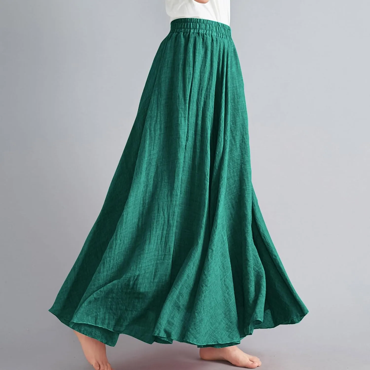 Women's Bohemian Style Elastic Waist Band Linen Long Maxi Skirt Dress Casual Summer Baggy A-Line Flowy Swing Skirts