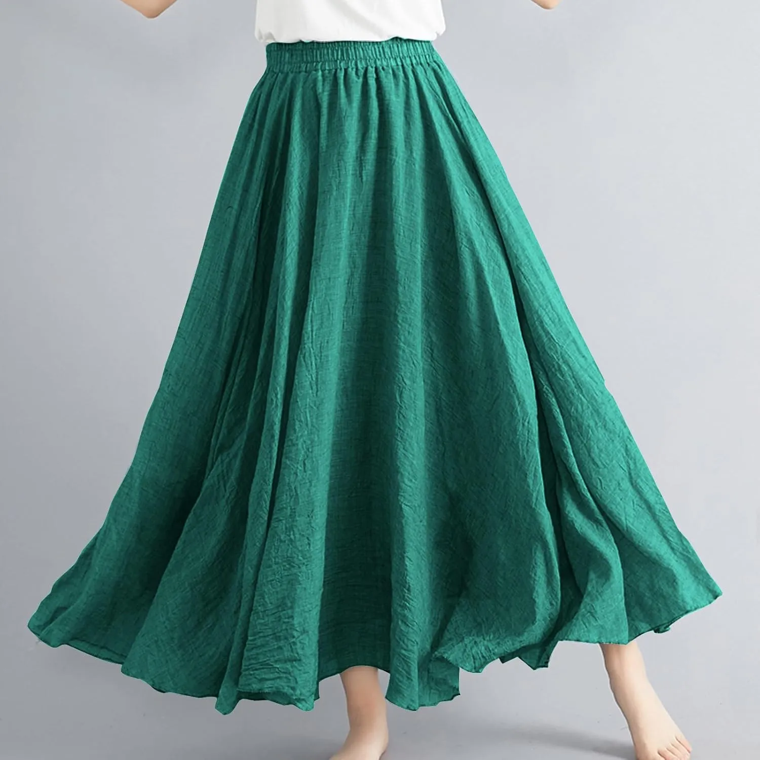 Women's Bohemian Style Elastic Waist Band Linen Long Maxi Skirt Dress Casual Summer Baggy A-Line Flowy Swing Skirts