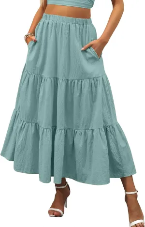 Womens Boho Bohemian Flowy Midi Long Summer Skirts Plus Size Elastic Waist Maxi Skirt Pleated Long Beach Dress