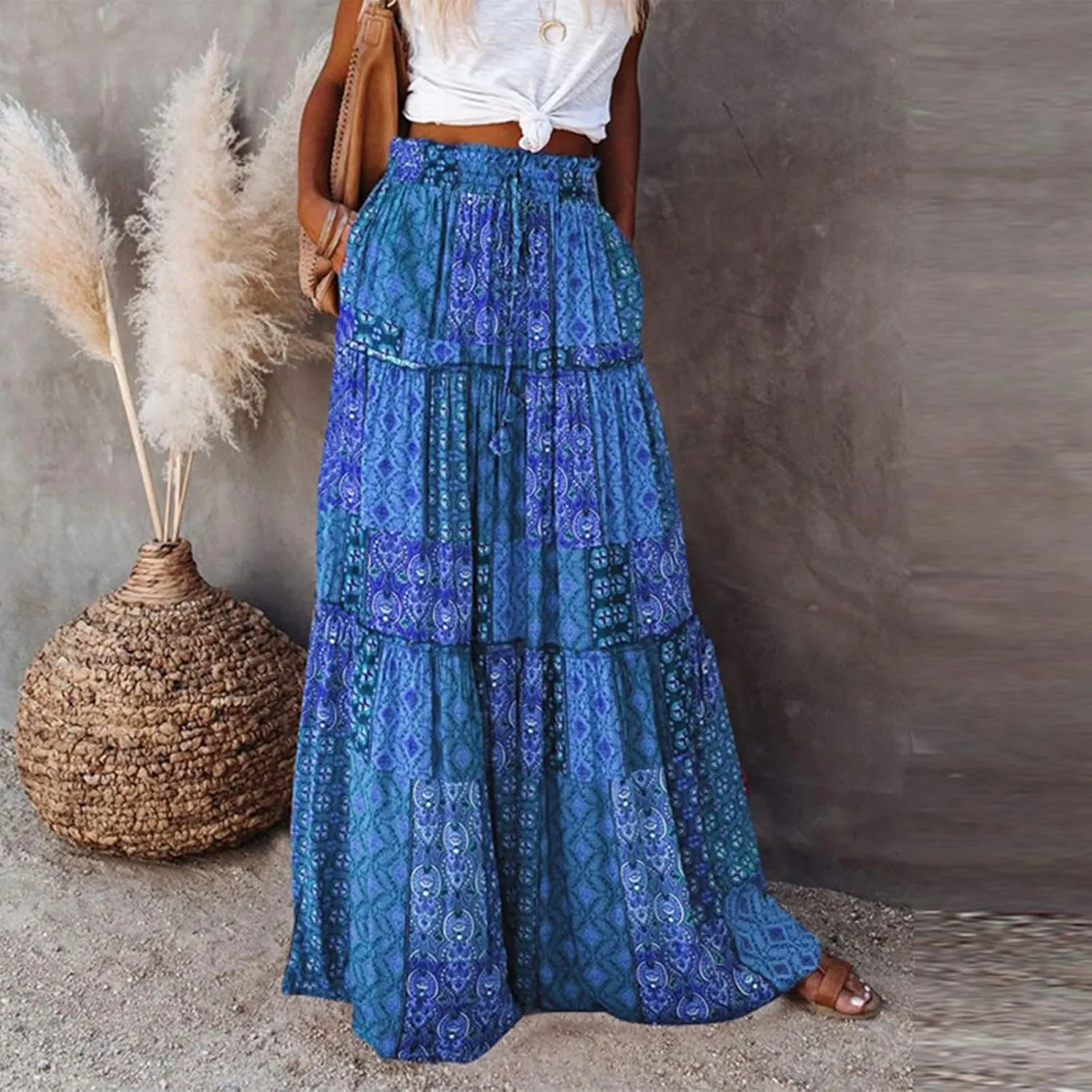 Womens Boho Maxi Skirt with Pockets Cute Summer Flowy Floral Long Bohemian Skirts Hawaiian Elastic High Waisted Skirt