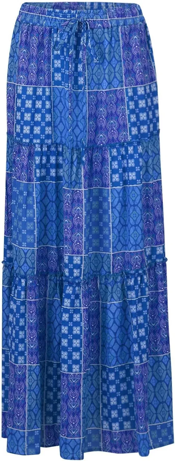 Womens Boho Maxi Skirt with Pockets Cute Summer Flowy Floral Long Bohemian Skirts Hawaiian Elastic High Waisted Skirt