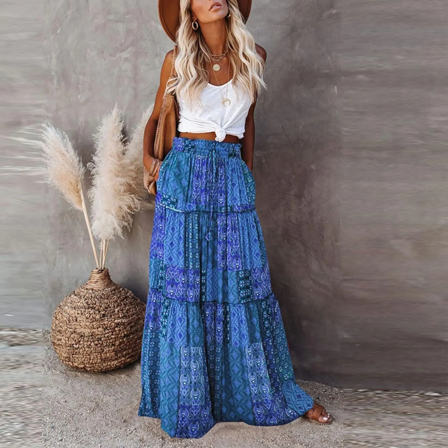 Womens Boho Maxi Skirt with Pockets Cute Summer Flowy Floral Long Bohemian Skirts Hawaiian Elastic High Waisted Skirt