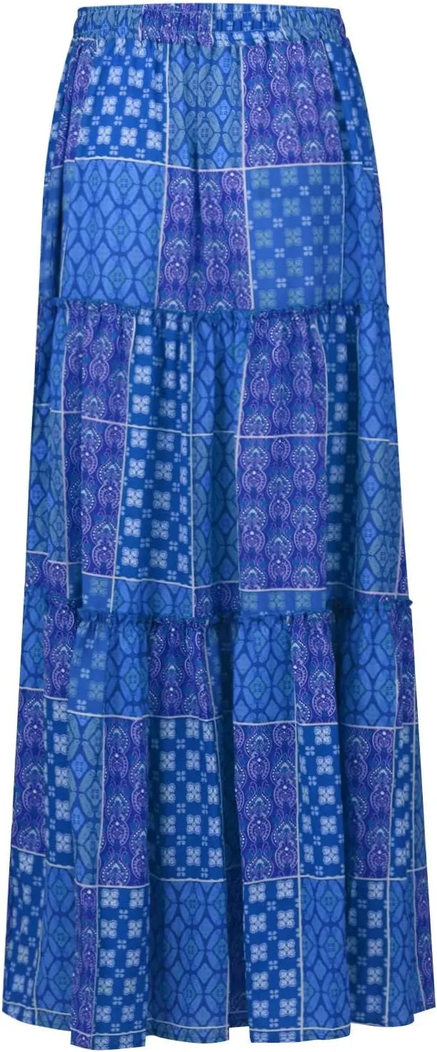 Womens Boho Maxi Skirt with Pockets Cute Summer Flowy Floral Long Bohemian Skirts Hawaiian Elastic High Waisted Skirt