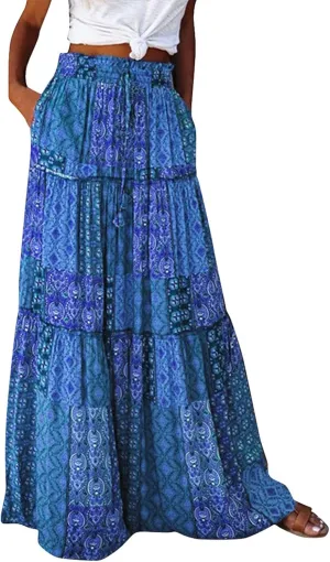 Womens Boho Maxi Skirt with Pockets Cute Summer Flowy Floral Long Bohemian Skirts Hawaiian Elastic High Waisted Skirt