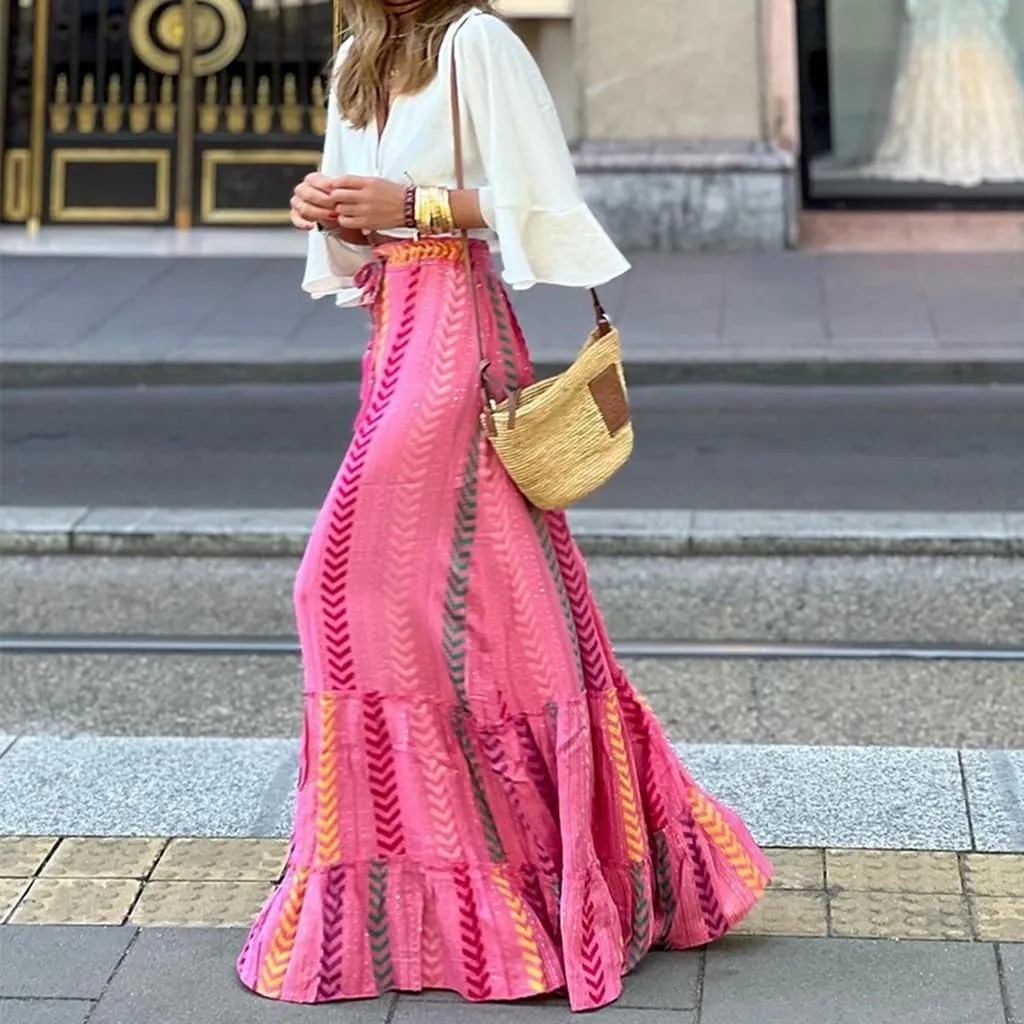 Women's Boho Pleated Elastic Waist a Line Midi Skirt Lightweight Flowy Summer Ruffle Beach Maxi Skirts