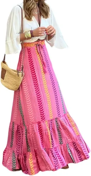 Women's Boho Pleated Elastic Waist a Line Midi Skirt Lightweight Flowy Summer Ruffle Beach Maxi Skirts