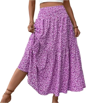 Women's Boho Skirts Summer Casual Loose Trendy Elastic Waist Floral Printed Bohemian Flowy A-Line Skirt 2025, S-XL