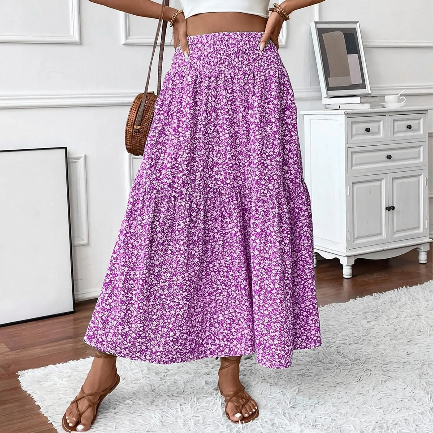 Women's Boho Skirts Summer Casual Loose Trendy Elastic Waist Floral Printed Bohemian Flowy A-Line Skirt 2025, S-XL