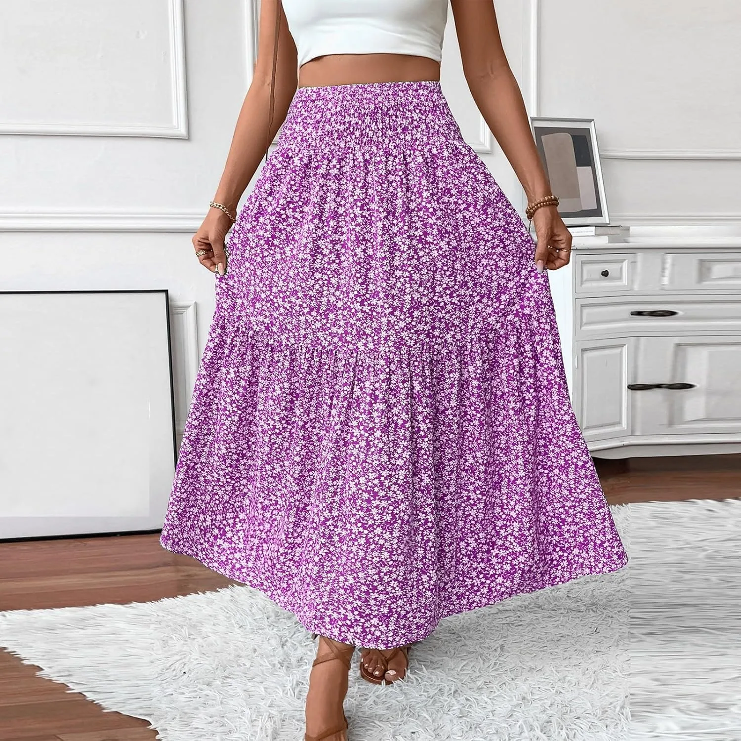 Women's Boho Skirts Summer Casual Loose Trendy Elastic Waist Floral Printed Bohemian Flowy A-Line Skirt 2025, S-XL