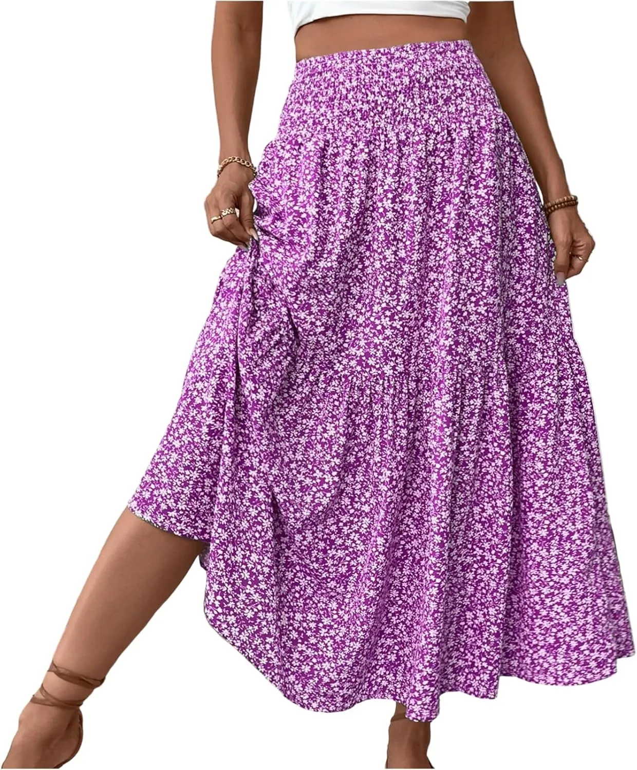 Women's Boho Skirts Summer Casual Loose Trendy Elastic Waist Floral Printed Bohemian Flowy A-Line Skirt 2025, S-XL