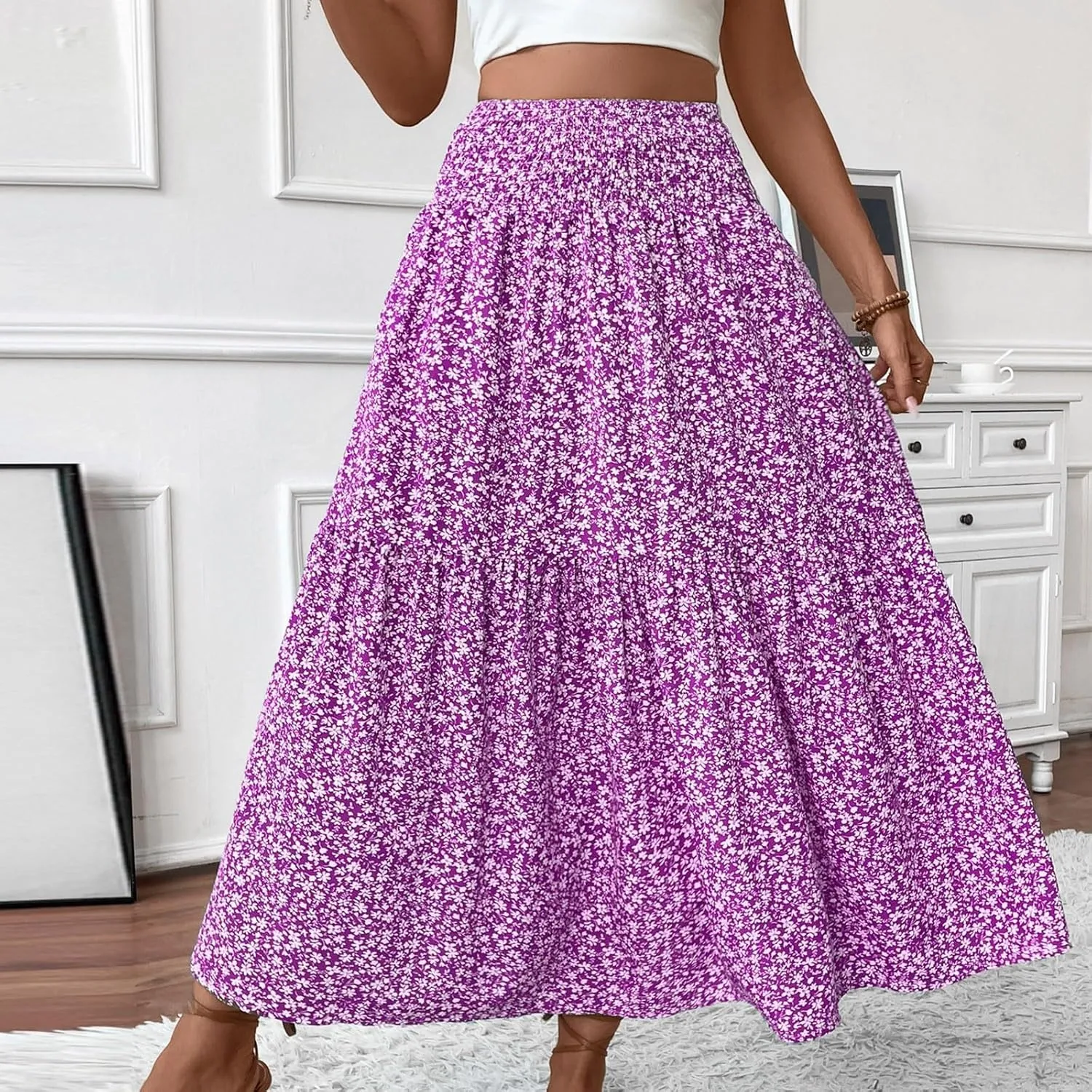 Women's Boho Skirts Summer Casual Loose Trendy Elastic Waist Floral Printed Bohemian Flowy A-Line Skirt 2025, S-XL