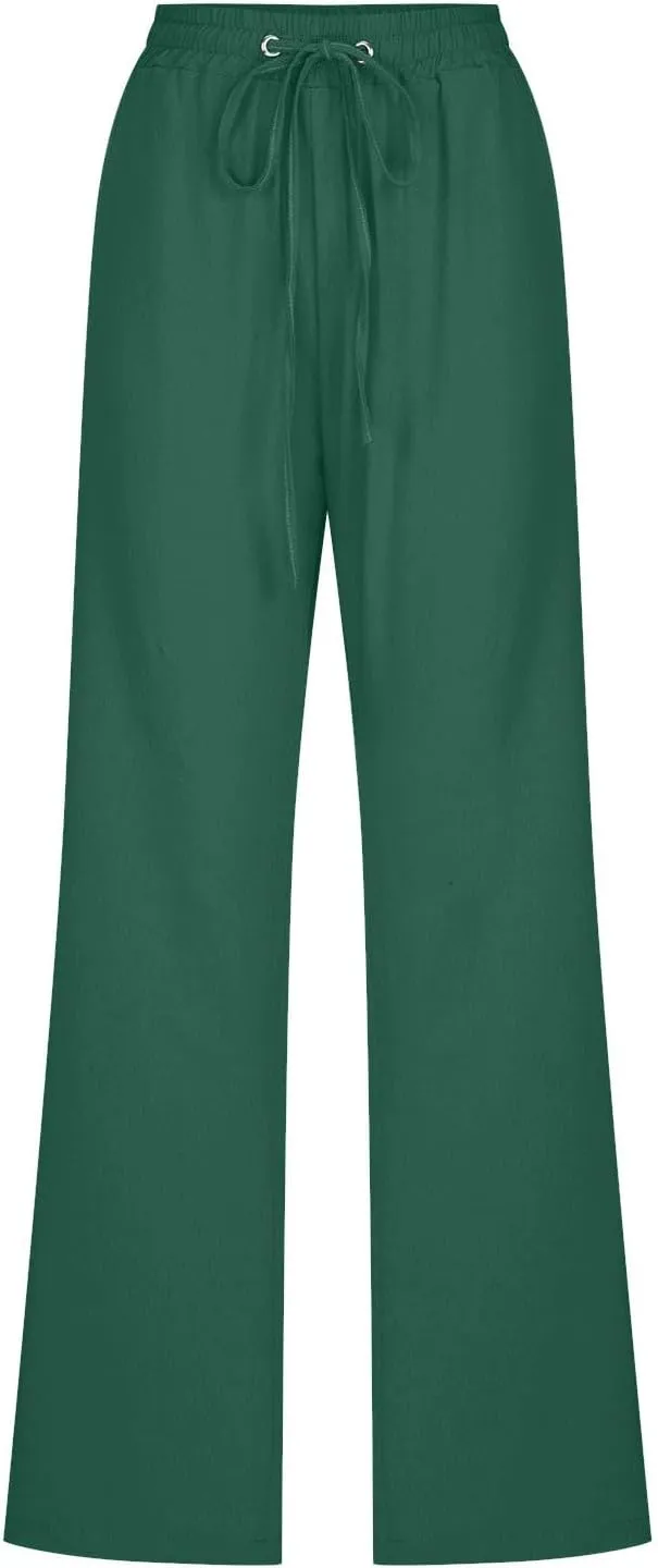 Women's Casual Cotton Linen Pants Summer Relax Fit Elastic Waist Straight Leg Comfy Solid Color Lounge Long Trouser