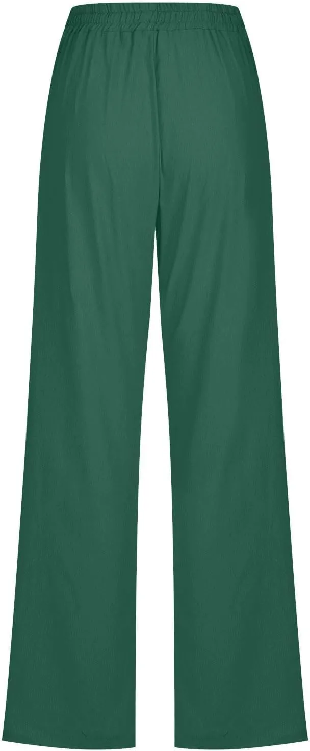 Women's Casual Cotton Linen Pants Summer Relax Fit Elastic Waist Straight Leg Comfy Solid Color Lounge Long Trouser