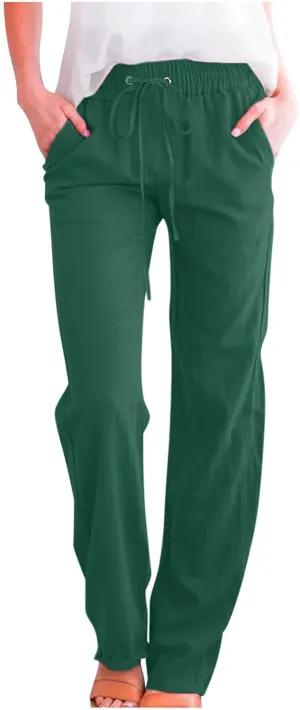 Women's Casual Cotton Linen Pants Summer Relax Fit Elastic Waist Straight Leg Comfy Solid Color Lounge Long Trouser