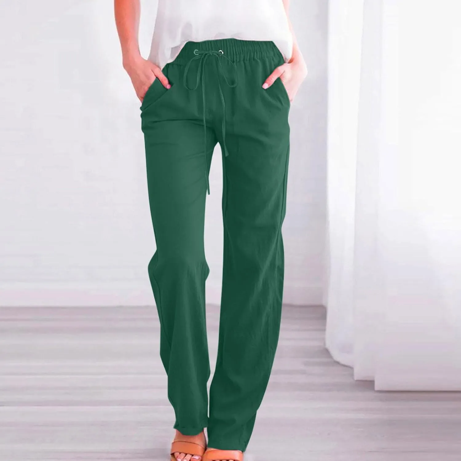 Women's Casual Cotton Linen Pants Summer Relax Fit Elastic Waist Straight Leg Comfy Solid Color Lounge Long Trouser