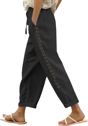 Women's Casual Pants 2025 New Summer Cotton Linen Slim Elegant Straight Pants Splicing Solid Color Nine Point Trousers